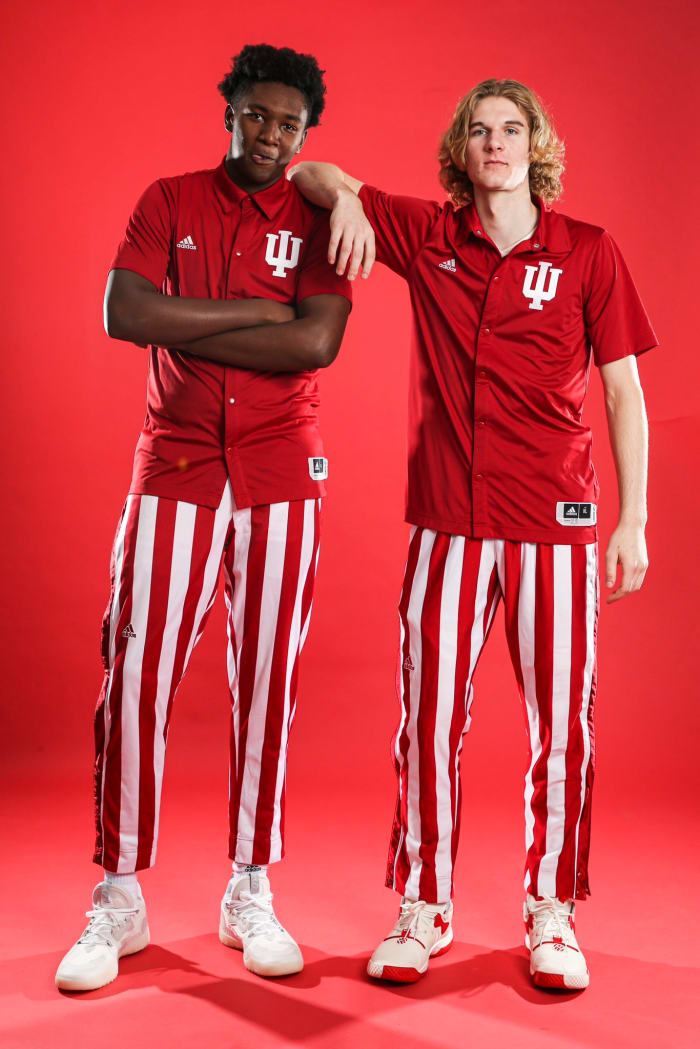 Five-star recruits from Montverde Academy Derik Queen (left) and Liam McNeeley (right) pose in candy stripe pants during their official visits to Indiana University over the weekend.
